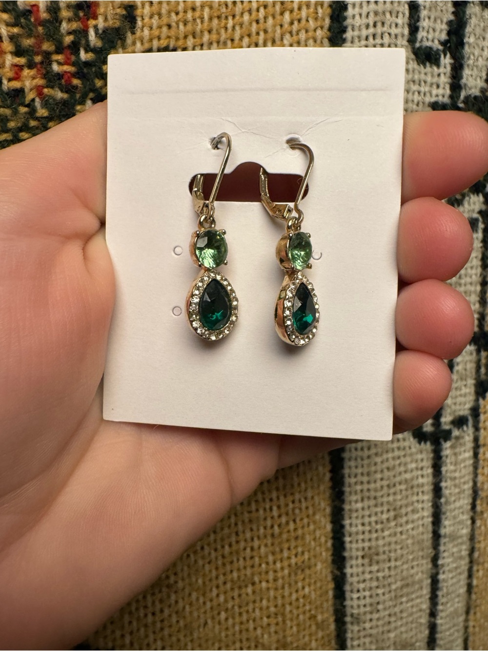 Time and Tru Gold-Tone Emerald Green Teardrop Dangle Earrings